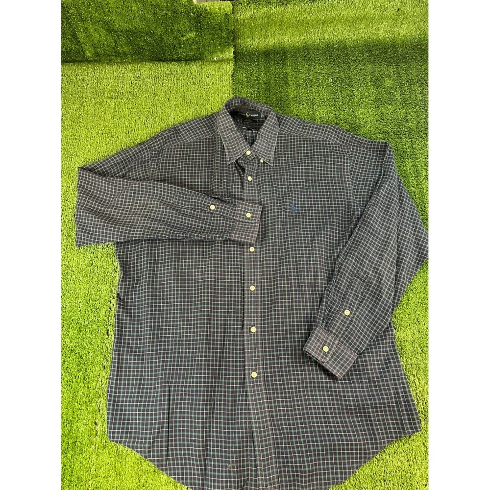 Ralph‎ Lauren Blake Mens Medium Plaid Button Down Shirt Navy Green Cotton